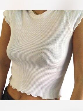 Brandy Melville White Lizzy Ribbed Thermal Waffle Ruffle Short Sleeve Top
